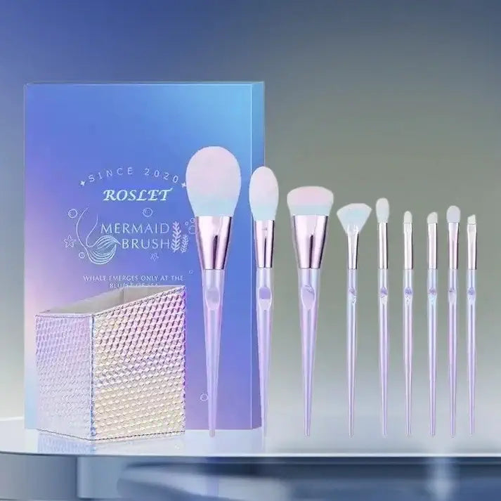 ROSLET professional makeup brushes arranged for cleaning and maintenance demonstration showing bristle quality and brush variety
