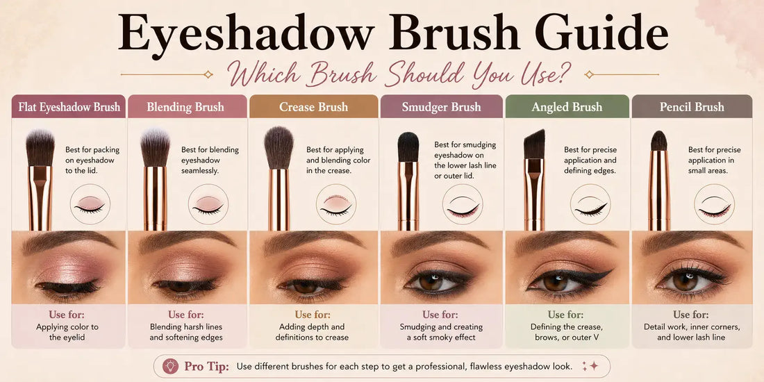 Eyeshadow brush guide showing different eye makeup brushes and their uses