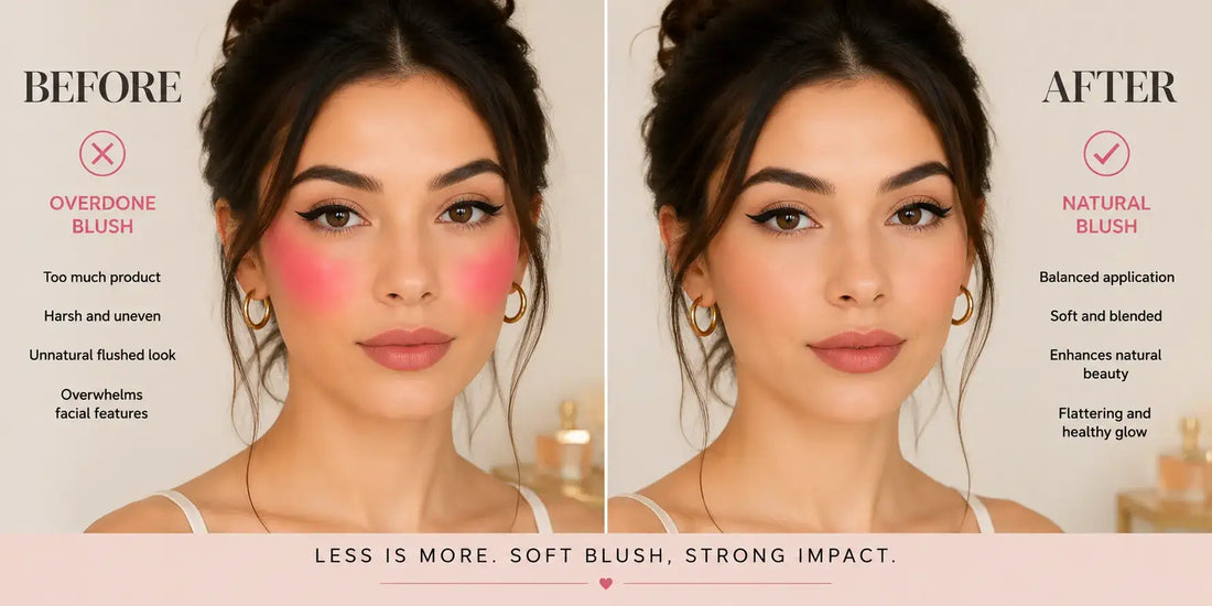 Comparison between overdone blush and natural blush application for beginners