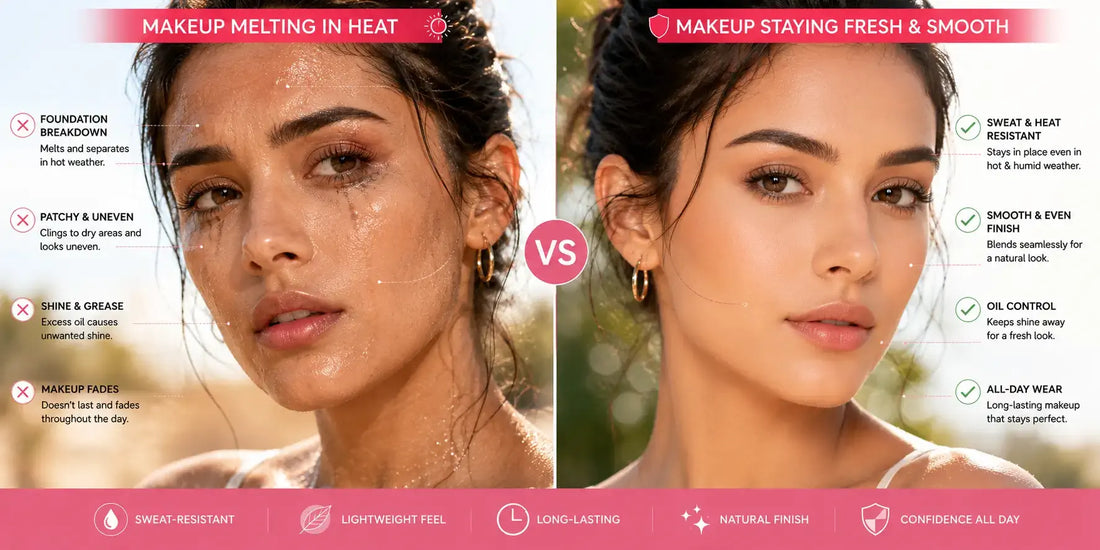 Long-lasting makeup look in hot weather with smooth foundation and professional makeup brushes