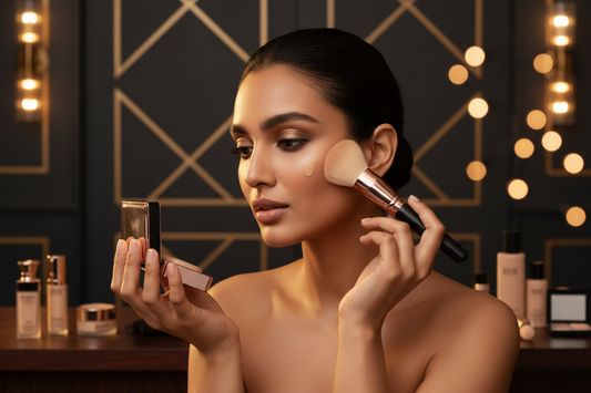 Soft makeup brush applying foundation for even, cakeless skin finish