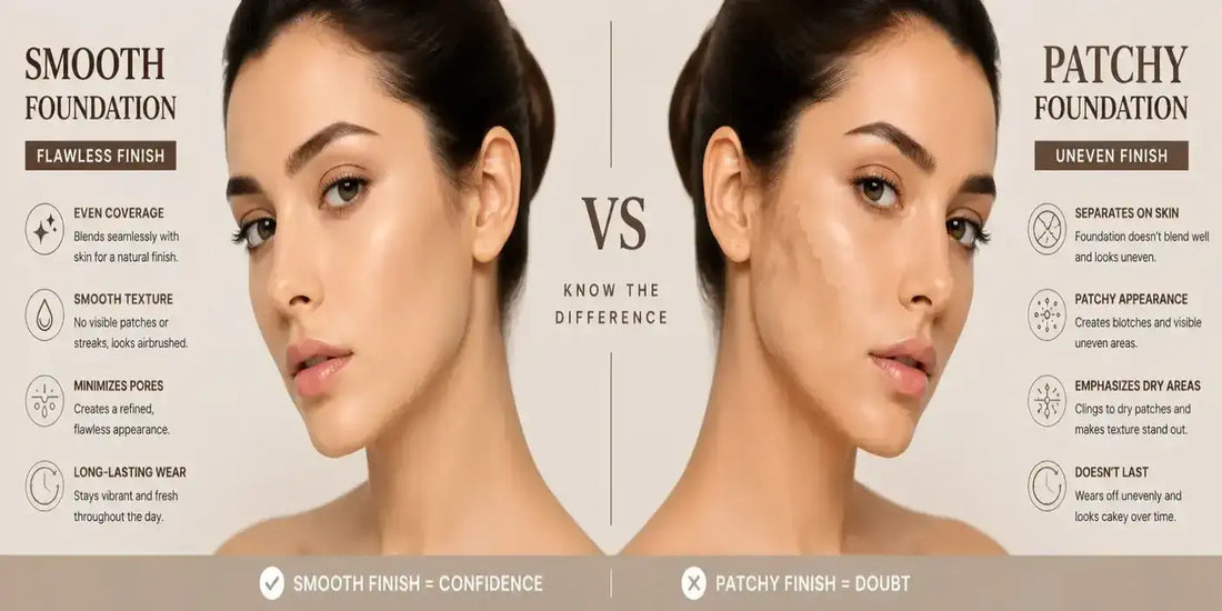 Smooth foundation finish compared with separated and patchy foundation makeup