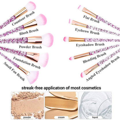 Roslet Makeup Brush Set 10PCS Crystal Transparent Handle for Women (Pink)