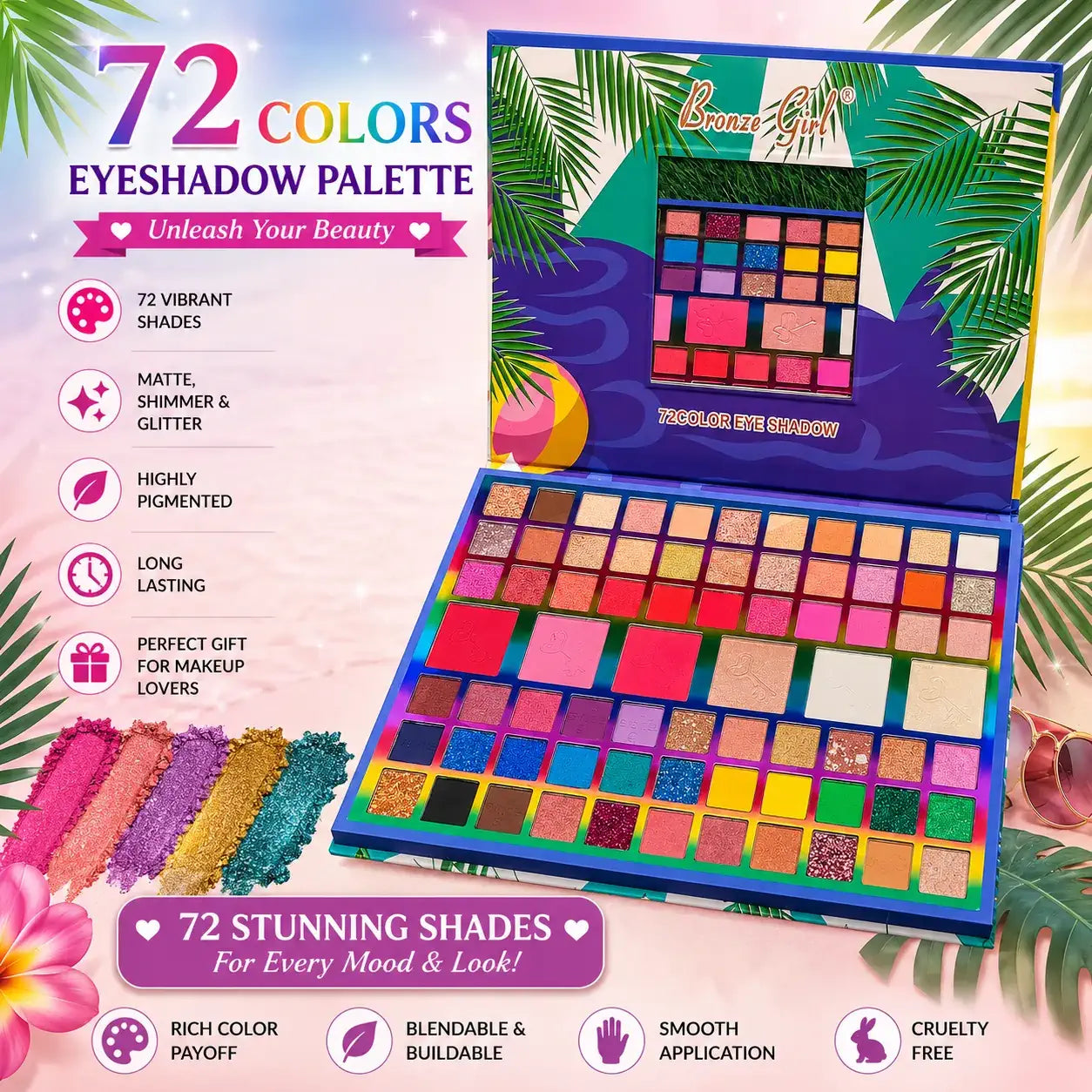 72 colors eyeshadow palette with blusher and highlighter for makeup looks