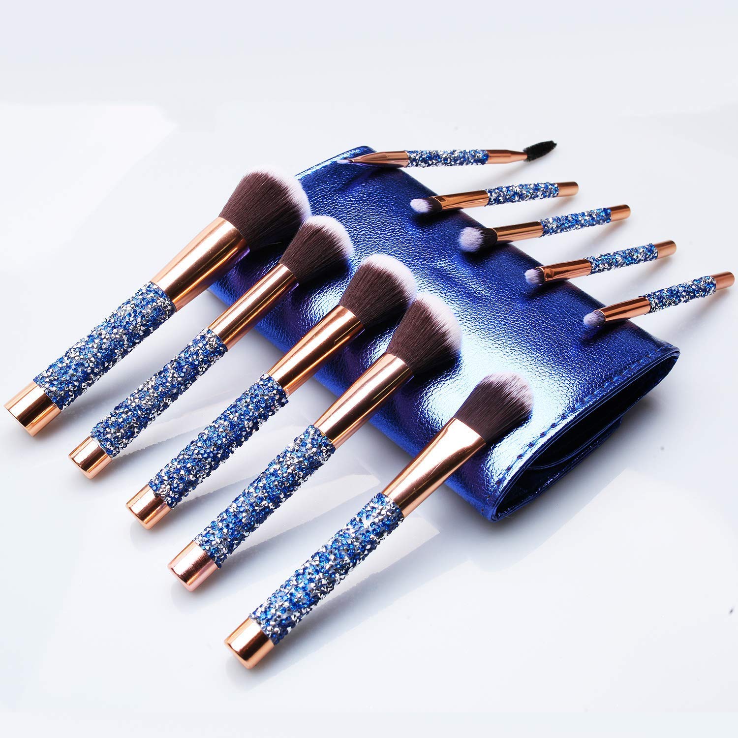 ROSLET 10pcs premium makeup brush set with blue carrying bag for professional application