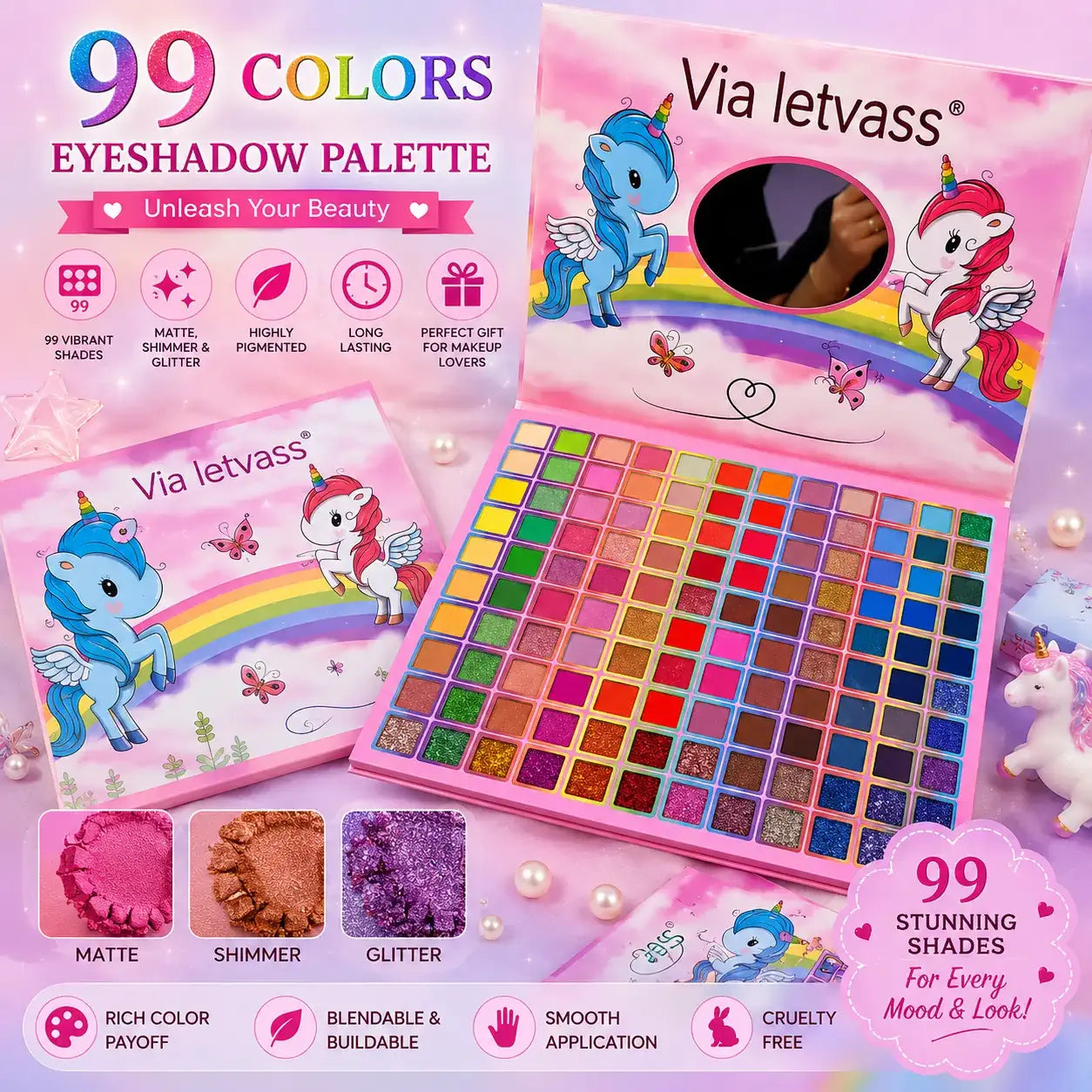 99 color eyeshadow palette with matte shimmer and glitter shades