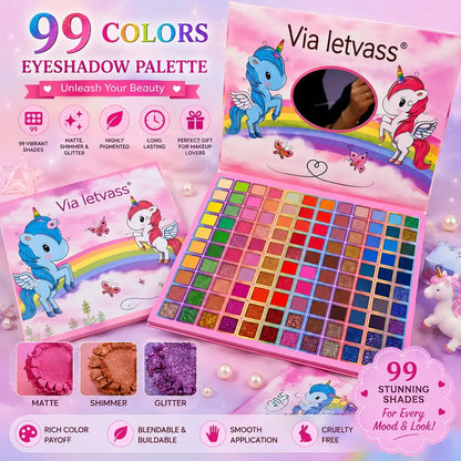 99 color eyeshadow palette with matte shimmer and glitter shades