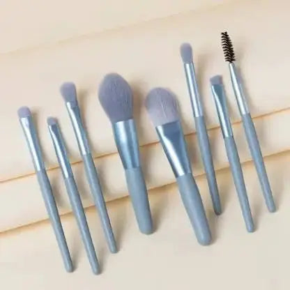 Roslet travel brush set 8 makeup brushes matte wooden handle (Blue/Grey) (Pack of 8) Roslet