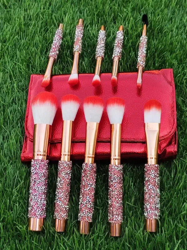 ROSLET 10 Pcs Fashion Bling Rhinestones Crystal Makeup Brush Set with Red PU Brush Bag,