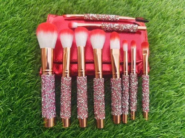 ROSLET 10 Pcs Fashion Bling Rhinestones Crystal Makeup Brush Set with Red PU Brush Bag,