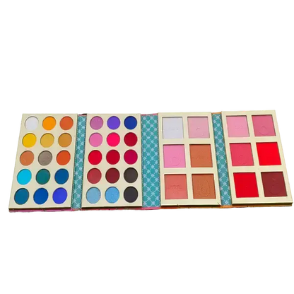 Eye makeup palette featuring colorful eyeshadow and highlighter shades
