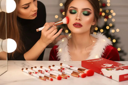 Holiday makeup brush set with elegant red and white soft makeup brushes