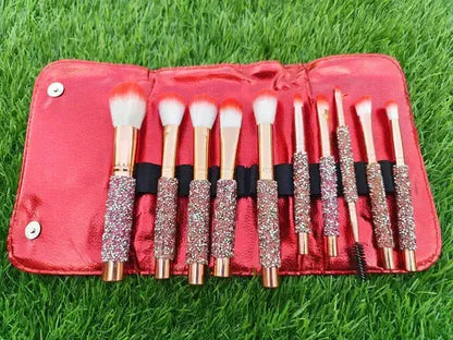 Makeup brushes with stylish red bag for travel and organization