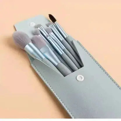 Roslet 8 makeup brushes matte wooden handle (Blue/Grey) (Pack of 8)