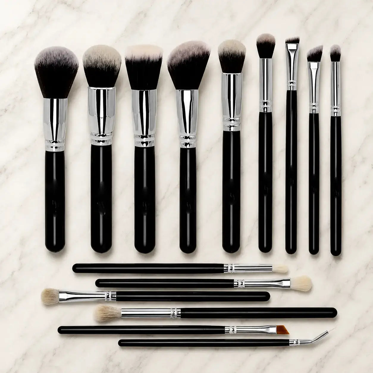 Professional black makeup brushes by ROSLET with soft dense bristles and sleek black handles