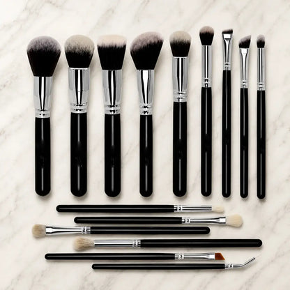 Professional black makeup brushes by ROSLET with soft dense bristles and sleek black handles