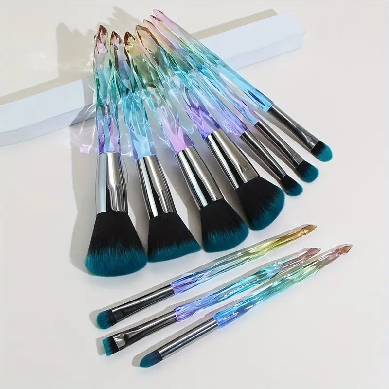 Professional face and eye makeup brush collection with stylish iridescent handles and soft blending brushes