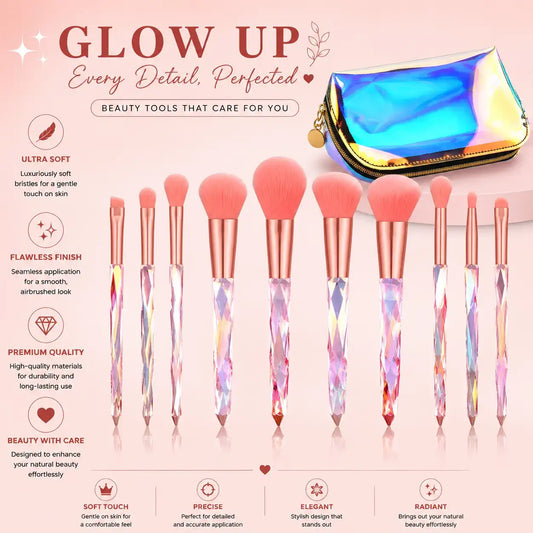 ROSLET 10-piece crystal makeup brush set with soft bristles