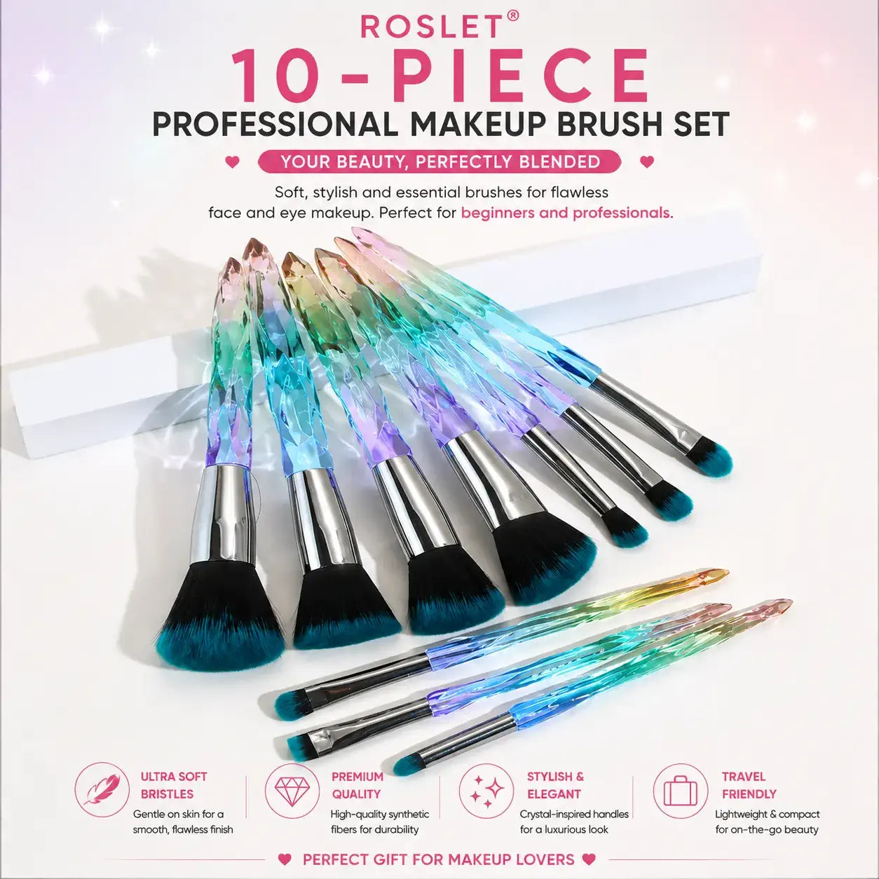 Travel-friendly professional makeup brush set with premium synthetic bristles and holographic pouch