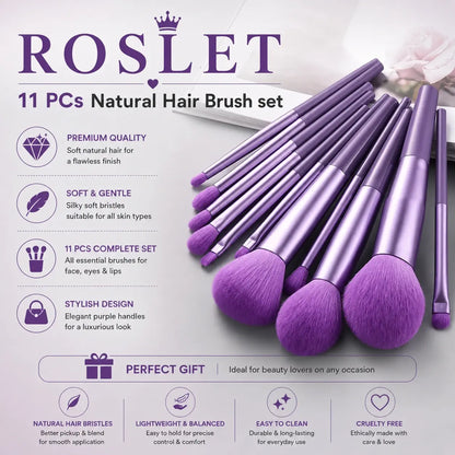 ROSLET 11 piece natural hair makeup brush set for flawless beauty blending