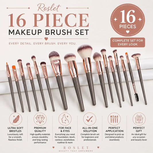 ROSLET 16 piece professional makeup brush set for flawless beauty blending