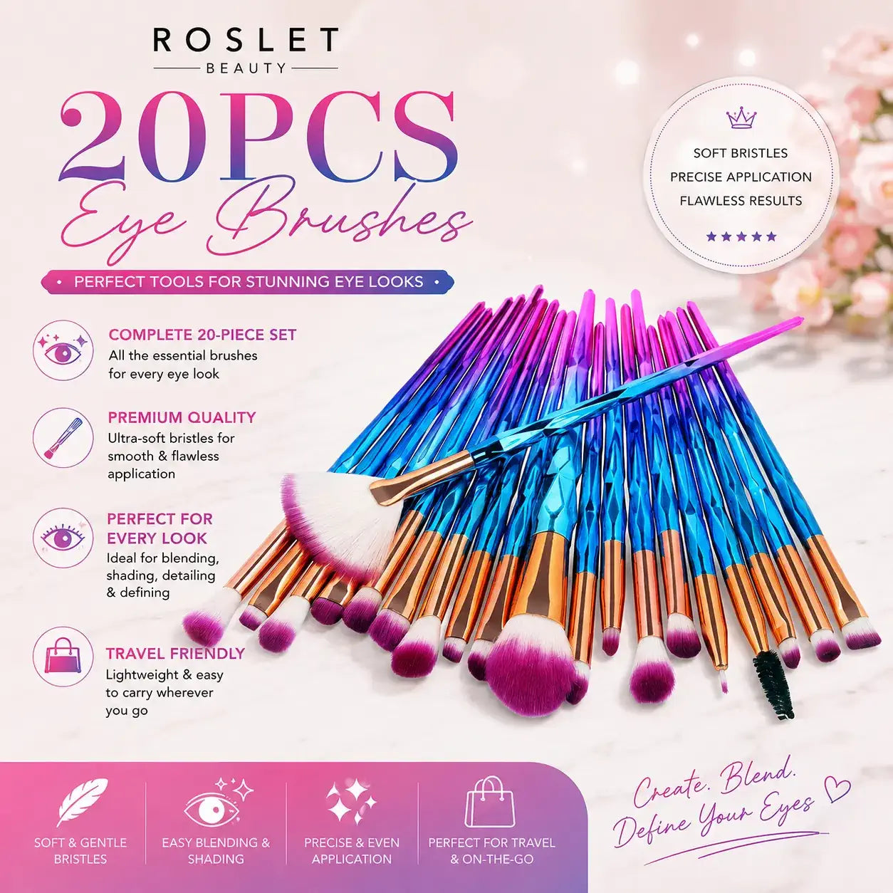 ROSLET 20 pcs soft eye makeup brushes for smooth eyeshadow blending