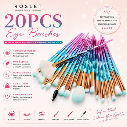 ROSLET 20 piece diamond eye makeup brush set for smooth blending