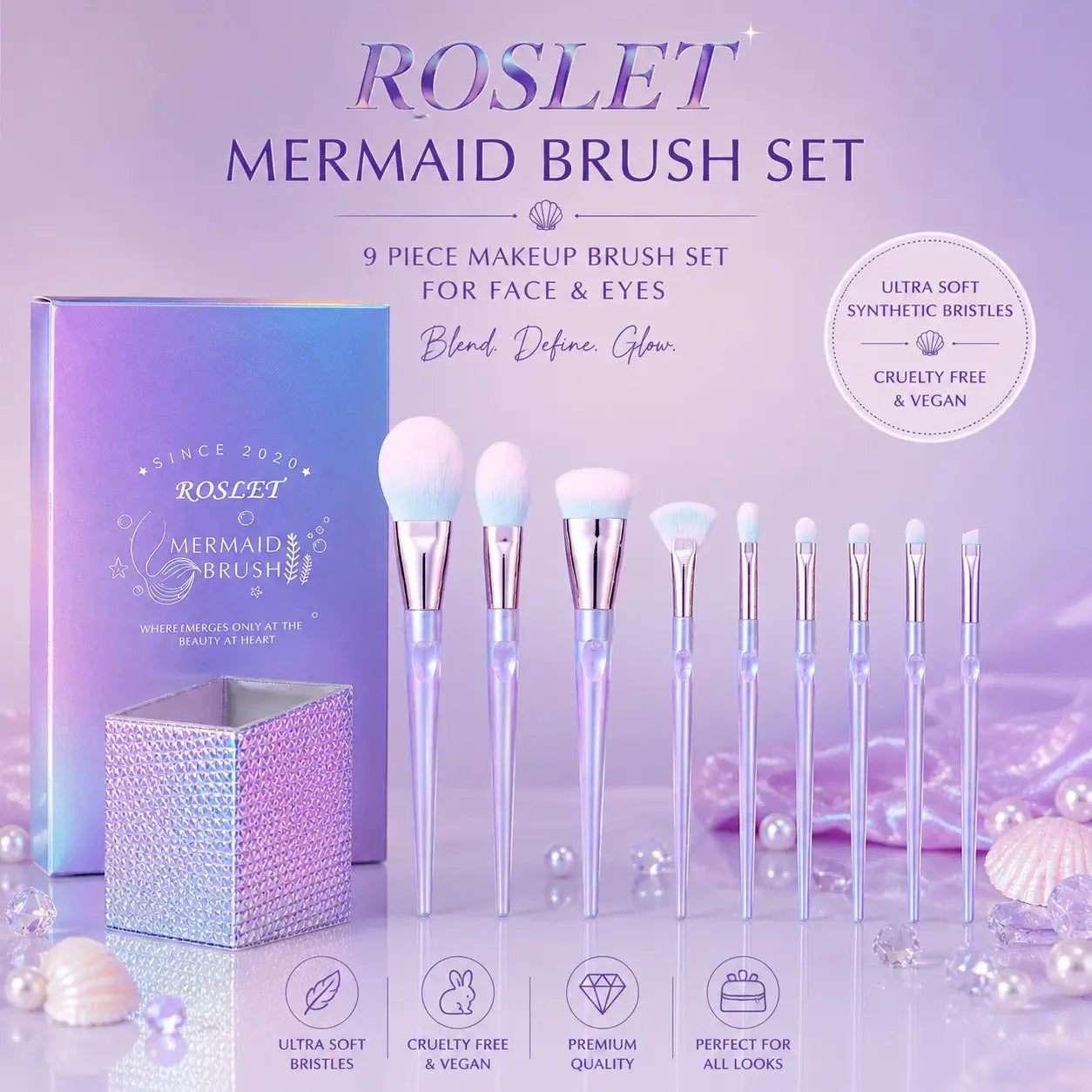 ROSLET 9 pcs makeup brush set with organizer holder for daily makeup