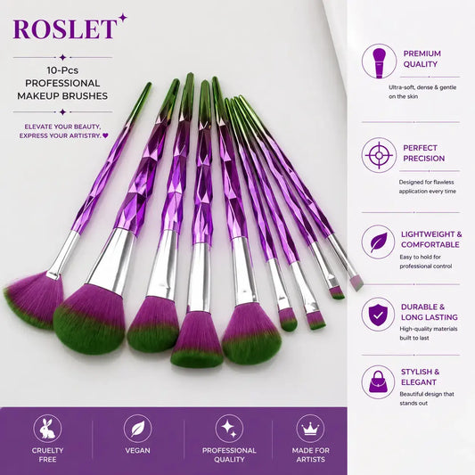 ROSLET 9 pcs professional makeup brush set with purple crystal handles and soft green bristles