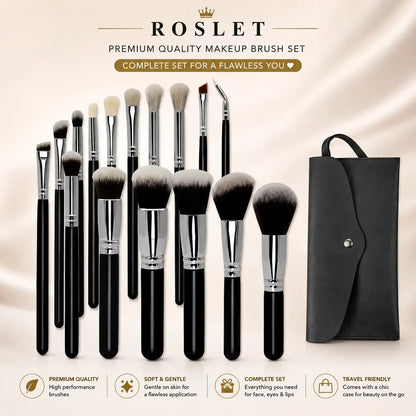 ROSLET premium black makeup brush set with travel case for flawless face and eye makeup application