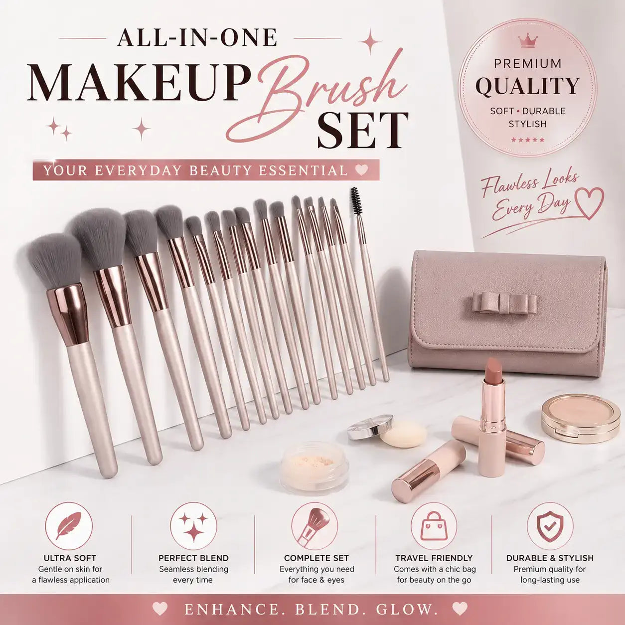 ROSLET champagne gold makeup brush collection for smooth blending