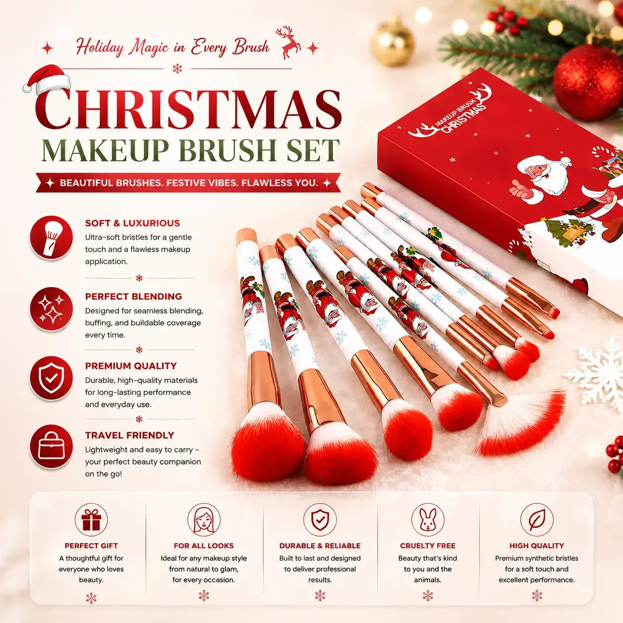 Christmas makeup brushes 10 pcs set with soft blending bristles for face and eye makeup