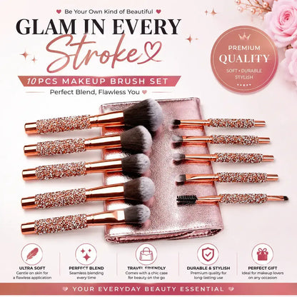 ROSLET diamond-studded 10-piece makeup brush set with bag