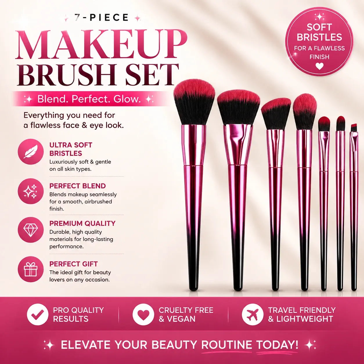 ROSLET essential 7 pcs makeup brushes for daily beauty routines