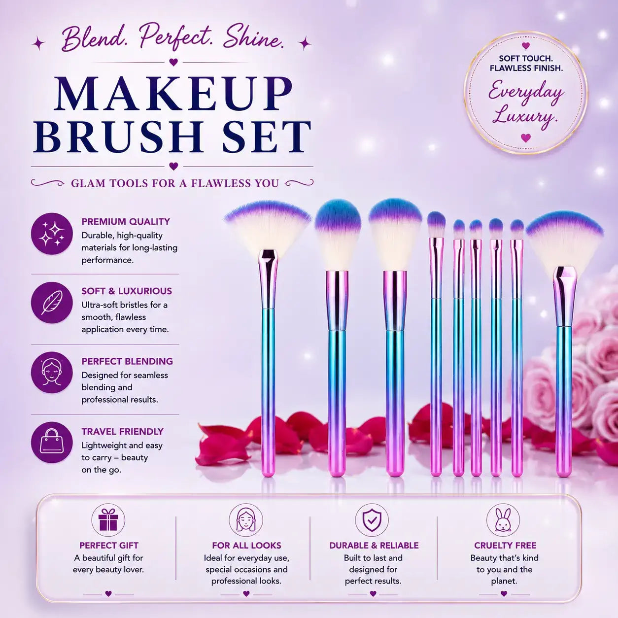 Fantasy 9 pcs eye and face makeup brush set with colorful soft blending brushes