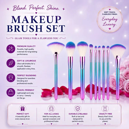 Fantasy 9 pcs eye and face makeup brush set with colorful soft blending brushes
