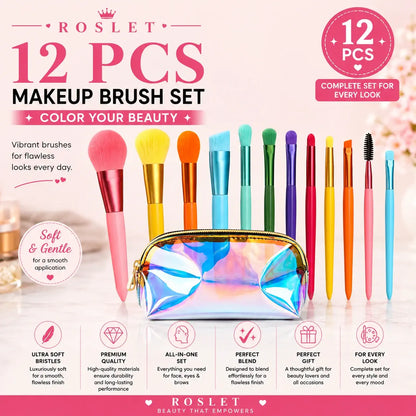 ROSLET rainbow 12 piece kabuki makeup brush set for flawless blending