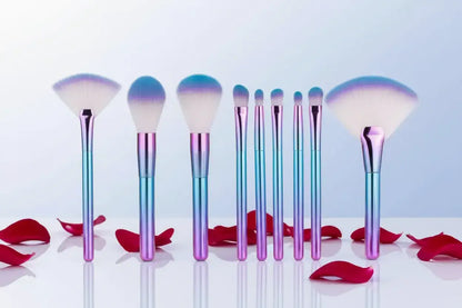 Rainbow eye and face makeup brush set for blush, powder, and eyeshadow makeup