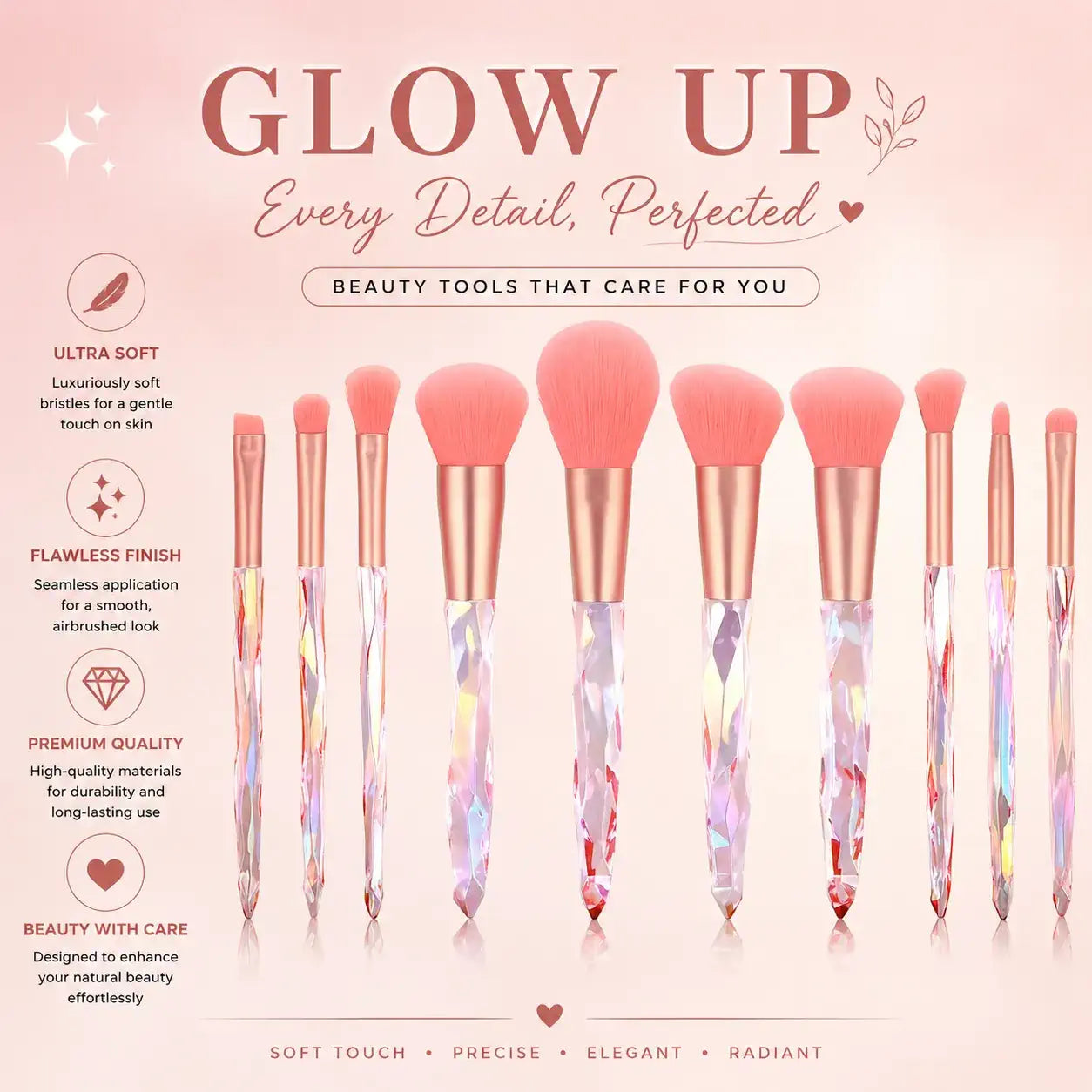 Professional crystal makeup brush set with synthetic bristles