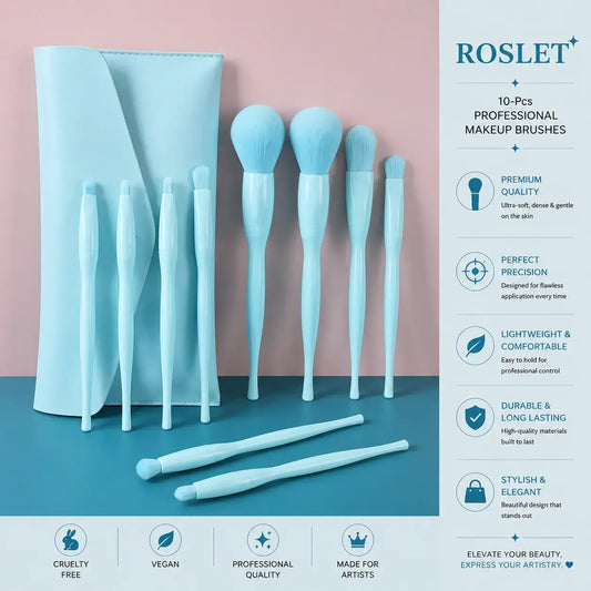 ROSLET vegan 10-piece makeup brush set with beauty bag