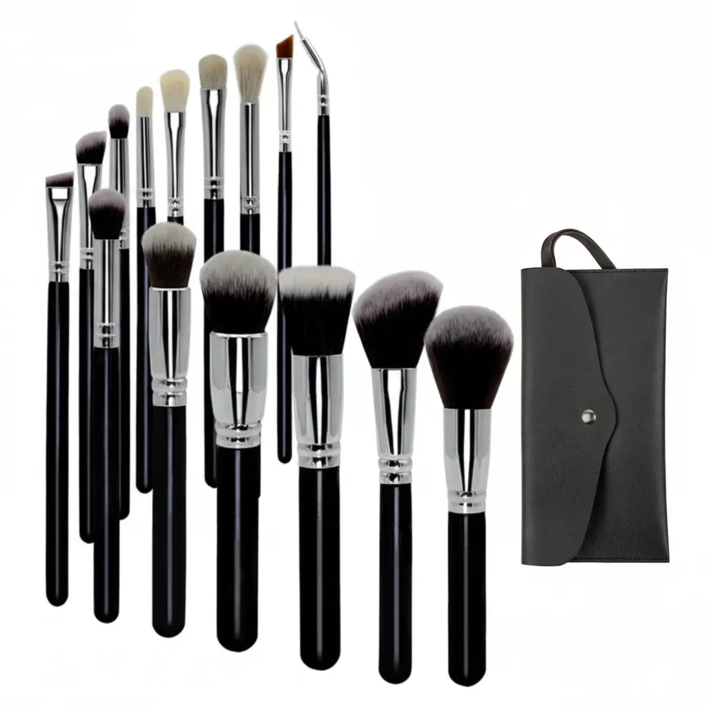 Set of makeup brushes with black handles and silver ferrules, accompanied by a black carrying case on a white background.

